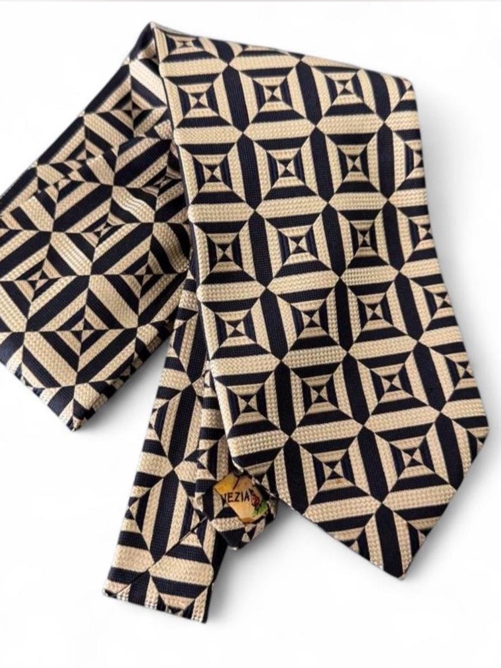 Piattelli Navy and Tan Geometric Silk Tie
